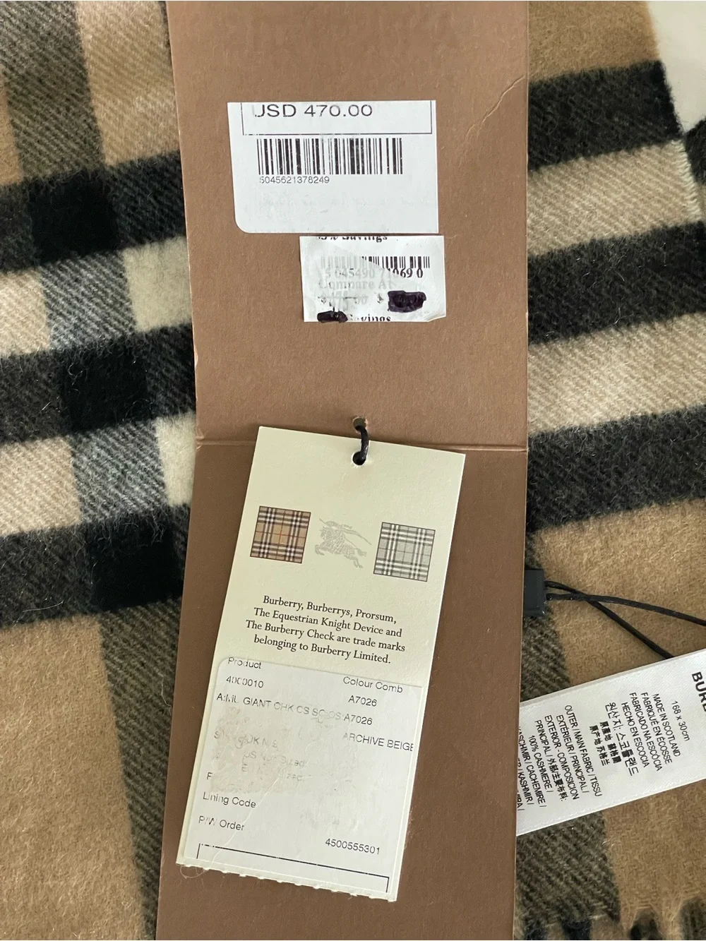 BURBERRY London CHECK CASHMERE 100% SCARF ARCHIVE BEIGE Size 168 X30 CM $470 NWI